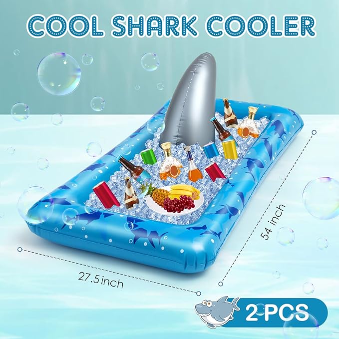 Deekin 2 Pieces Shark Party Buffet Cooler Inflatable Serving Bar Inflatable Cooler Cold Food Buffet Server Serving Tray Food Drink Holder Salad Ice Tray for Shark Theme Party Picnic Barbecue, 53 x 28