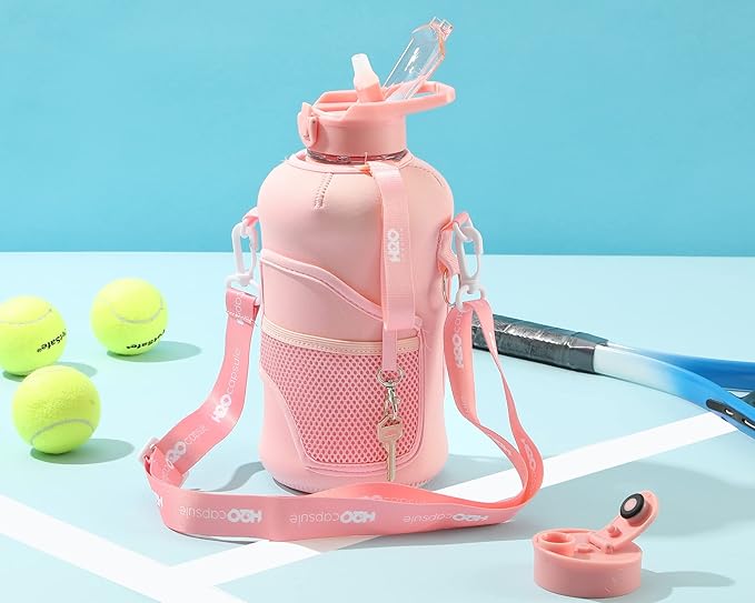 H2O Capsule 2.2L Half Gallon Water Bottle with Storage Sleeve and Removable Straw – BPA Free Large Reusable Drink Container with Handle - Big Sports Jug, 2.2 Liter (74 Ounce), Rose Quartz