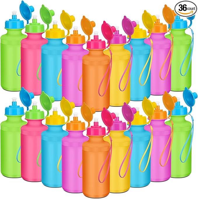 Zubebe 36 Pcs Sports Water Bottles Bulk 20 oz Squeeze Reusable Plastic Water Bottle with Nylon Strap Blank DIY Water Bottles for Kids Adults School Thanks Gift Outdoor Sport Fitness