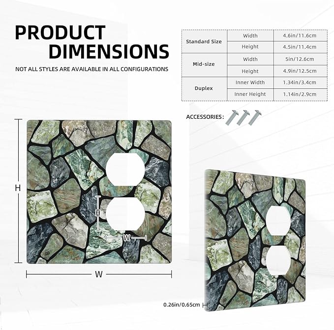 Green Stone Texture Combo Single Blank 1 Duplex Outlet Switch Wall Plate Cover Decorative 2-Gang for Electrical Room Bathroom Bedroom Home Kitchen One Receptacle 4.5" x 4.6"