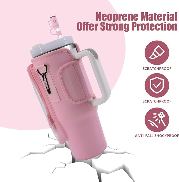 Water Bottle Carrier Bag for Stanley Cup Accessories, for Stanley Tumbler 40 Oz with Handle Holder Bag with Strap Neoprene Bollus with Straw, Straw Cover, Carabiner (Off White)