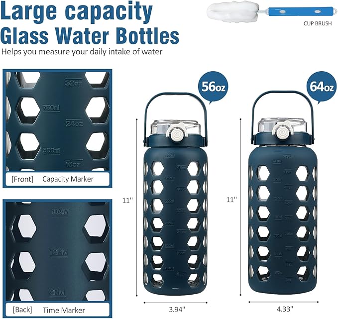 MUKOKO 56oz Glass Water Bottles with Straw and Lid,Motivational Water Jug with Time Marker Reminder and Silicone Sleeve,100% Leakproof BPA Free Fitness Sports Large Bottle-Blue