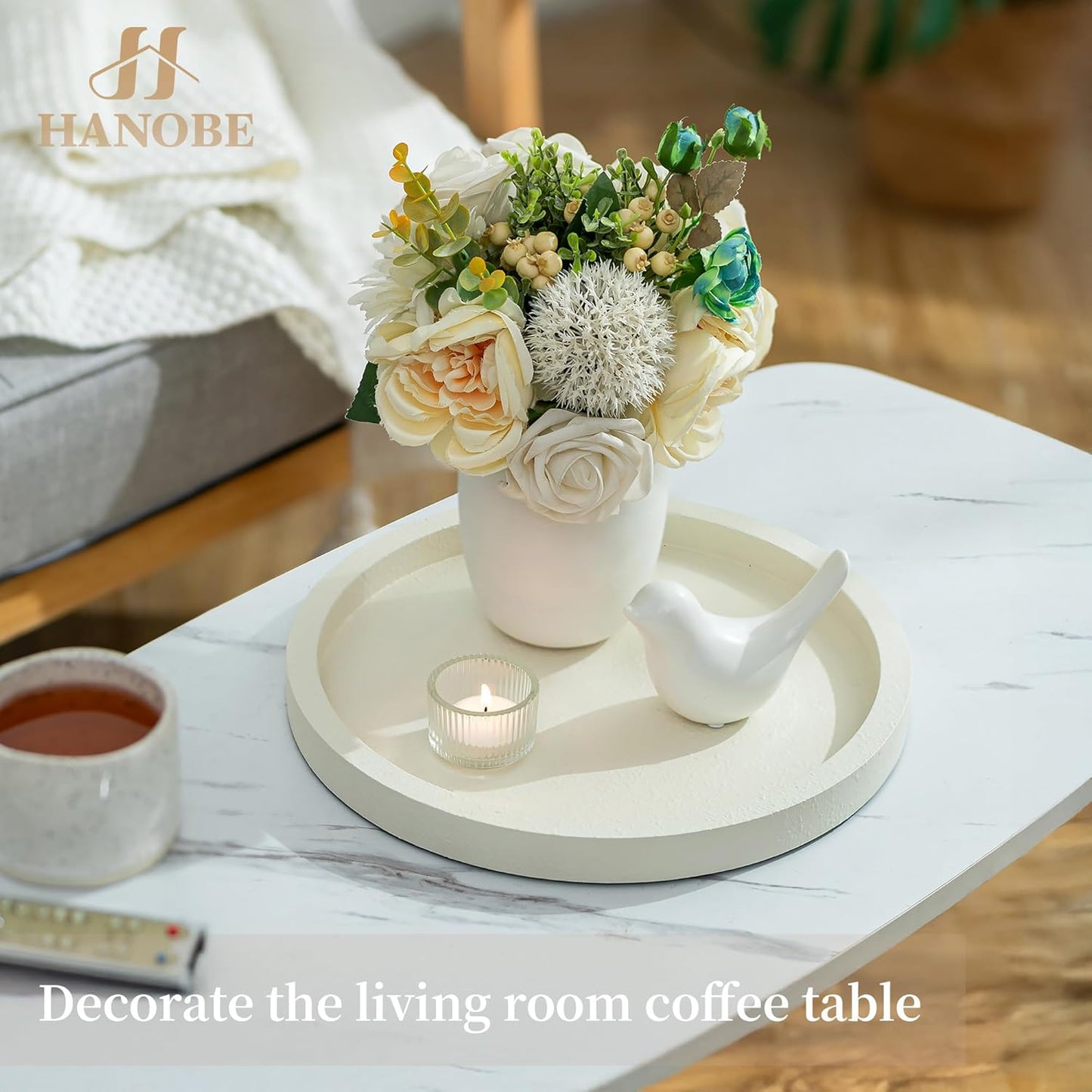 Hanobe Decorative Tray for Coffee Table: Round Ottoman Tray for Living Room 12" Modern Dining Table Organizer Decor Dresser Display Entryway Countertop Cream White