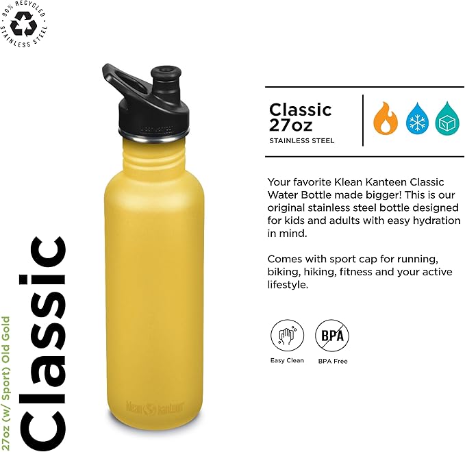 KLEAN KANTEEN Old Gold Sport Cap with Classic Water Bottle 27oz, 1 EA