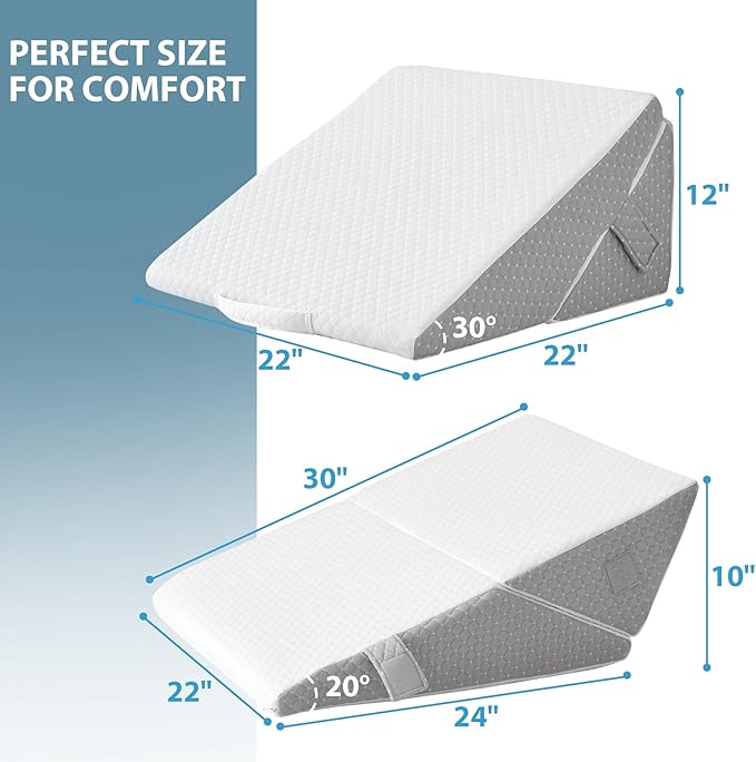 Bed Wedge Pillow for Sleeping, 9 & 12 Inch Adjustable Wedge Pillow for Back Pain Relief, 7-in-1 Memory Foam Triangle Pillow Wedge for Post Surgery, Acid Reflux, GERD, Snoring, White/Grey