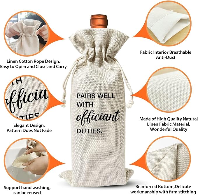 EUFJDKSL Officiant Wine Bag Gift For Wedding Officiant, Pastor Gift, Wedding Host, Ordained Minister, Pairs Well With Officiant Duties, Drawstring Burlap Wine Bottle Bag