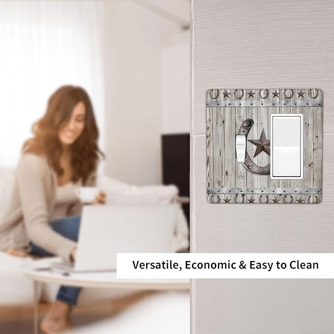 Rustic Western Wood Barn Door Horseshoe Iron Star 2 Gang Single Toggle Rocker Combination Light Switch Covers Wall Plate Cover Electrical Faceplate Decorative Switchplate for Farmhouse Bedroom