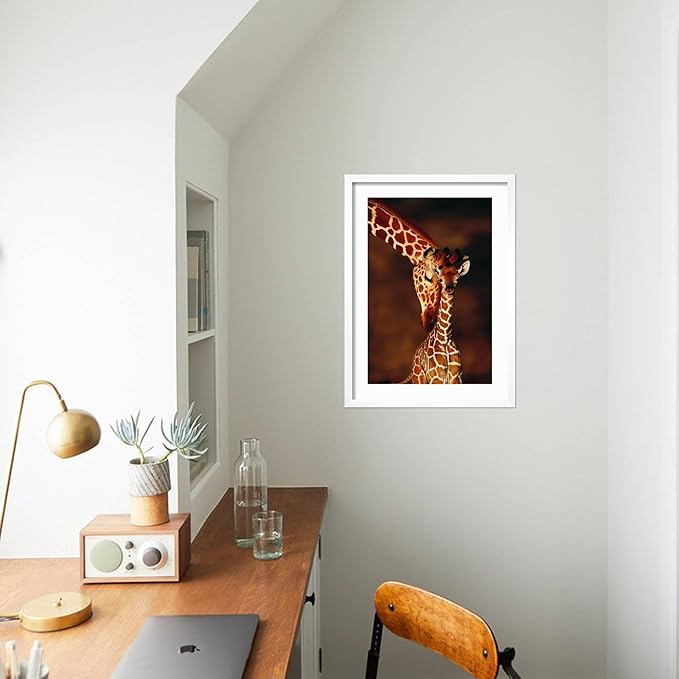 Framed Wall Art Prints Giraffe and Baby by Lantern Press, Animals Decor, 12" x 18", White Frame with White Mat