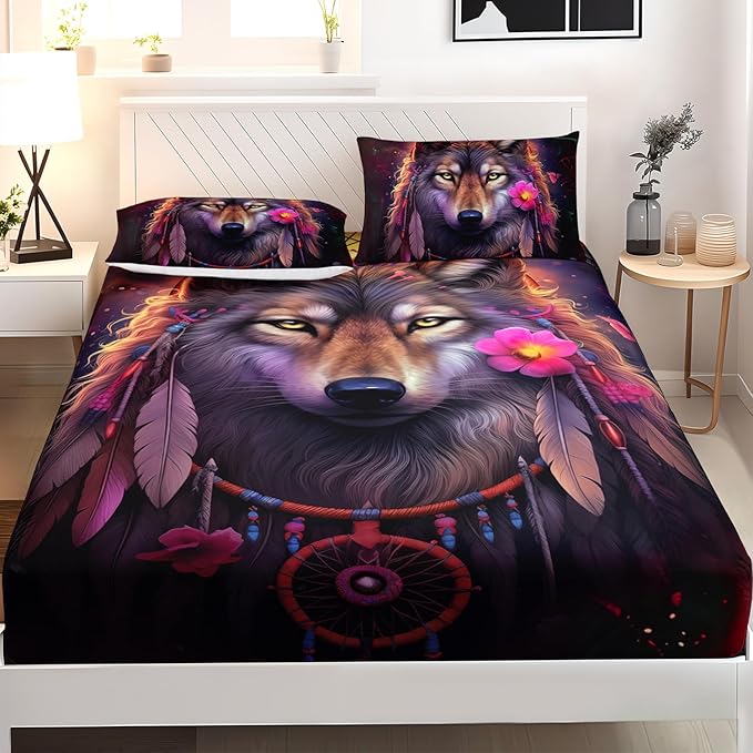 AILONEN Wolf Dream Catcher Fitted Sheet Set Twin Size, Wildlife Wolf Bed Sheet Set,Safari Animal Moon Wolf Fitted Sheet and 2 Pillowcases,3 Pieces(Boys/Men/Kids/Teens)