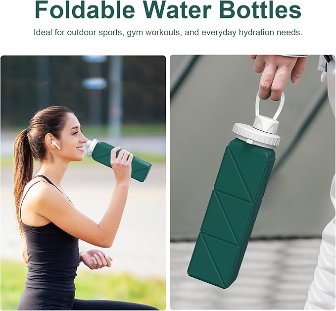 Collapsible Water Bottles Portable,BPA Free Food-Grade Silicone Reusable water Bottle For Outdoor Travel Hiking Sports,Compact,Lightweight Easy To Carry,Leakproof Water Bottles,Dark Green