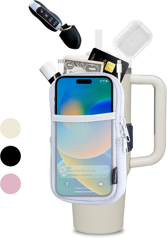 Water Bottle Pouch for Stanley Cups with 20oz 30oz 40oz Stanley Quencher Adventure & Stanley IceFlow, Gym Accessories for Women Tumbler Pouch with Strap & Zipper Cup Purse for Card Keys (White, Large)