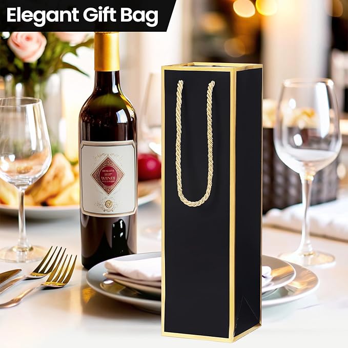 ISKYBOB 10 Packs Wine Gift Bag with Handle, Single Bottle Bags for Wine Kraft Paper Wine Bottle Gifts Box Reusable Gold Foil Gift Wine Bag for Housewarming, Business Dinner, Birthday Party (Black)