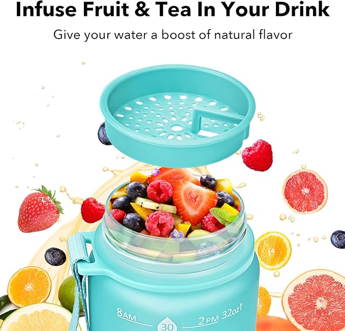 GOSWAG 32oz Motivational Water Bottles with Time Marker and Fruit Strainer, Sports Water Bottle with Times to Drink, Leakproof, Reusable Plastic Bottle with Strap no Straw for Gym, School