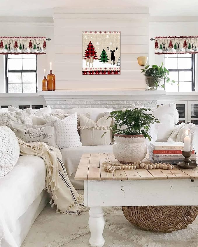 Farmhouse Christmas Kitchen Curtains Valances for Windows Rustic Plaid Christmas Tree Snowflakes Rod Pocket Short Curtain for Kitchen /Living Room/Bedroom/ Bathroom,60" X 18" -1 Panel, Red Green Black