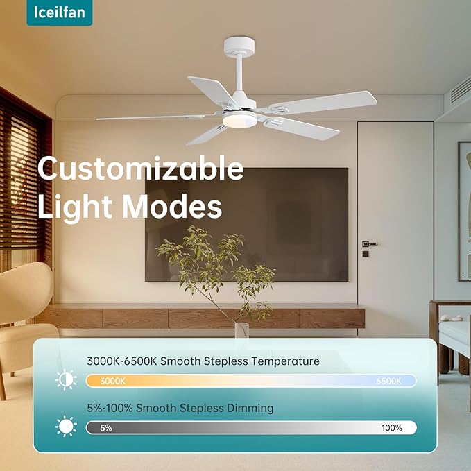 Iceifan White 52 Inch Ceiling Fans with Lights and Remote Control,Reversible Ceiling Fans with Dimmable LED Lights and Remote DC Motor 6 Speeds Indoor/Outdoor Ceiling Fan for Bedroom Patios Porch