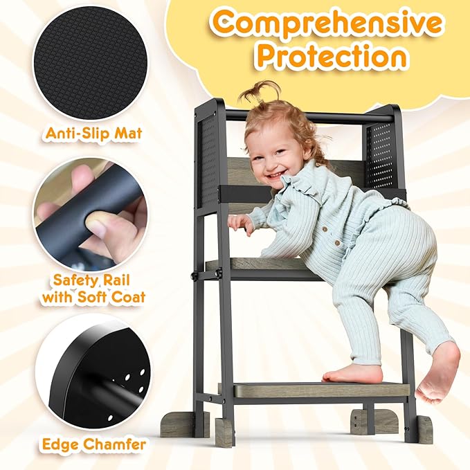 Kitchen Step Stool for Kids, Learning Tower for Toddlers 1-3, Kitchen Tower with Anti-Slip Mat and Adjustable Stand, Wood Metal Standing Stool for Counter, Light Brown and Black