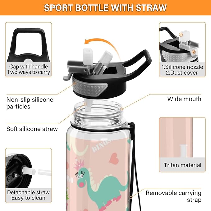 Water Bottle with Straw Kawaii Dinosaur Pink Sports Bottles BPA-Free Tritan Water Jug with Carrying Strap for Women Men Gym Outdoor Sports