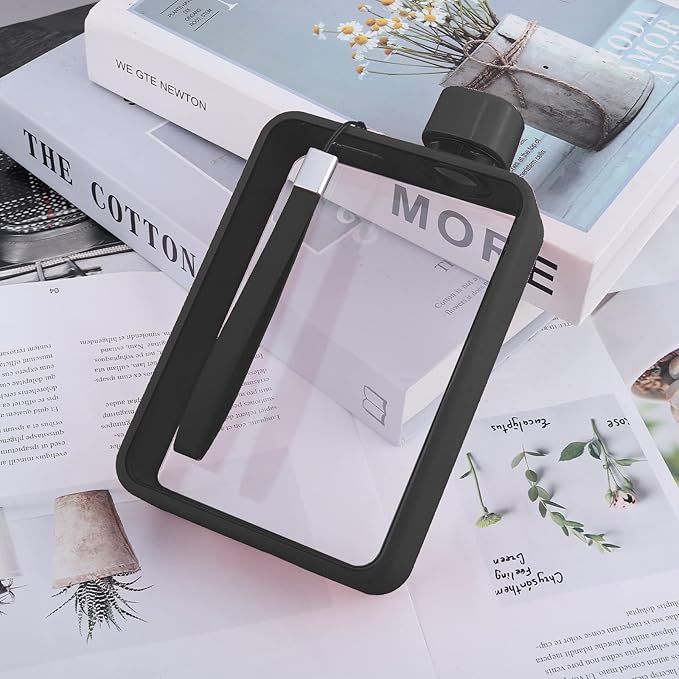 Flat Water Bottle, Portable A5 Water Bottle, 13oz Flat Travel Flask for Camping Fitness Gym (Black)