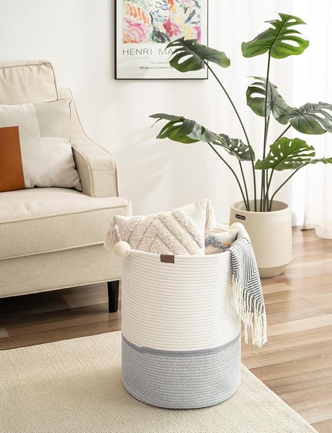 StorageWorks 58L Cotton Rope Laundry Basket with Wooden Beads Handles, Woven Basket for Storage, Dirty Clothes, Kids Toys, Towels, White & Grey