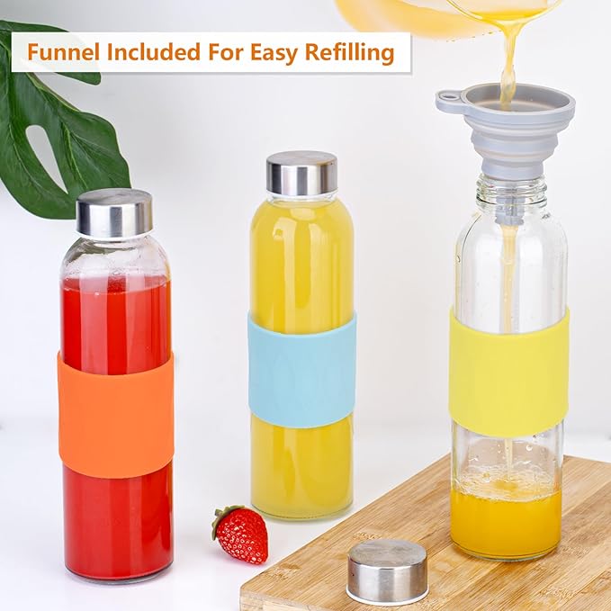 Clear Glass Water Bottles with Silicone Sleeve and Lids 18 oz, Reusable Glass Juice Bottles with Stainless Steel Airtight Cap for Juicing, Leak Proof Drinking Bottles, BPA Free, Set of 3, YBG