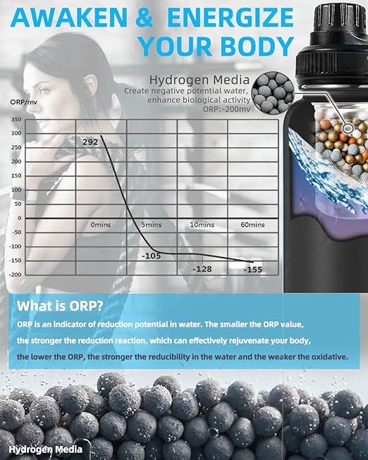 30oz Stainless Steel Portable Alkaline Filter Water Bottle, Creates Up to 9+ Ph of Quality Water, Sports Travel Water Bottle, Removes Water Impurities