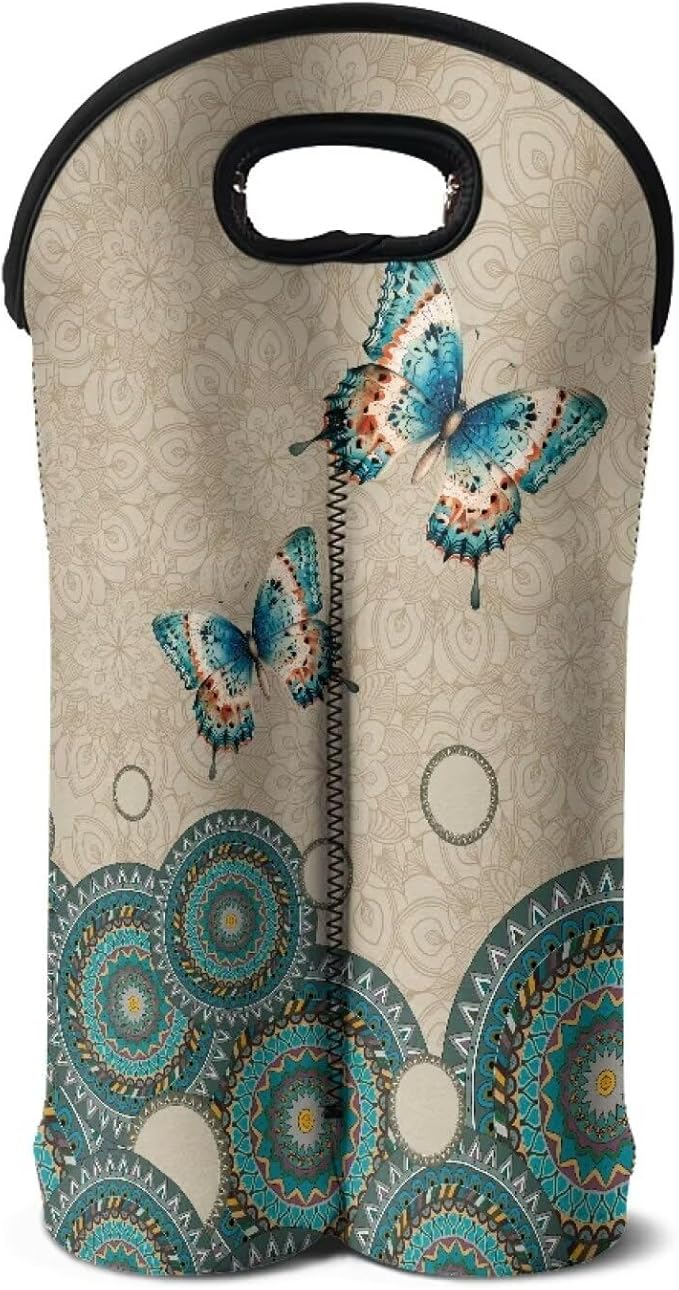 doginthehole 2 Bottle Wine Bag Boho Butterfly Wine Bottle Protector Carrier Tote Bag Portable Neoprene Hand Bag Champagne Bottle Holder for Travel with Handle