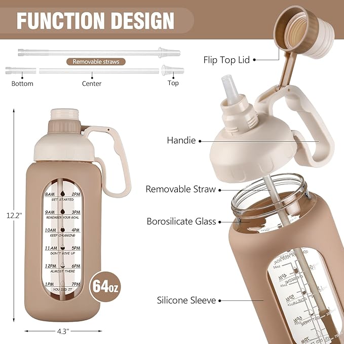 MUKOKO 64oz Glass Water Bottles with Straw, Half Gallon Water Bottle with Time Marker, Motivational Water Bottle with Silicone Sleeves,Large Glass Water Bottle for Gym,Working,Outdoor,Amber