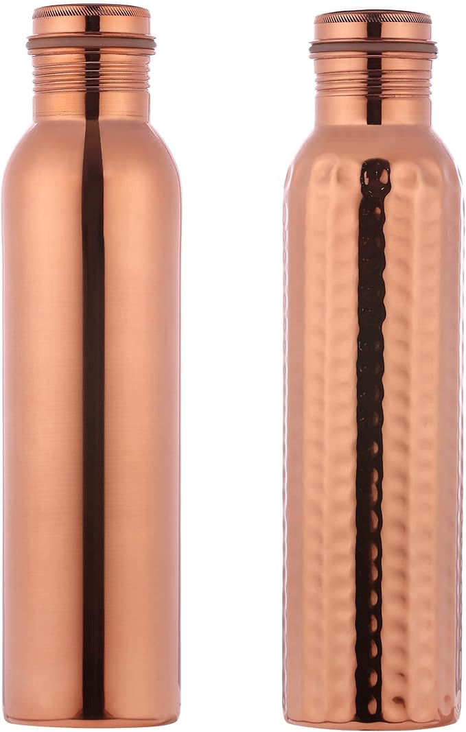 Set of 2 Pure Copper Water Bottles, UNLINED, UNCOATED and LACQURE FREE for Ayurvedic Health Benefits 1000 ML
