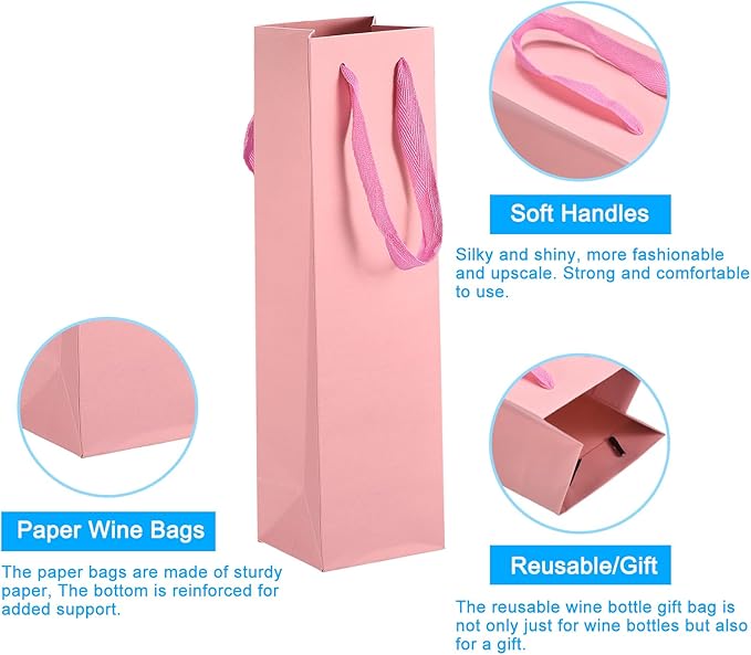 uxcell Wine Bags, 24pcs Pink 4 x 4 x 14 In Wine Gift Bags with Handles Paper Wine Tote Bag for Wedding Birthday Christmas Party Supplies