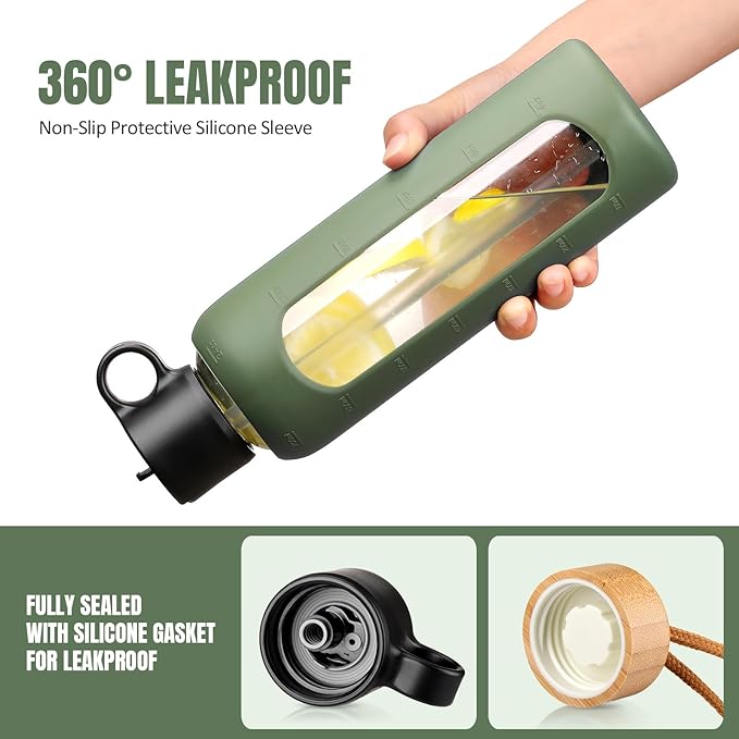 24oz Glass Water Bottle With 2 Lids-Flip Straw Lid, Bamboo Lid, Glass Water Bottle With Silicone Sleeve, Motivational Time Marker, Glass Juice Bottle for Cold Drink,Plive