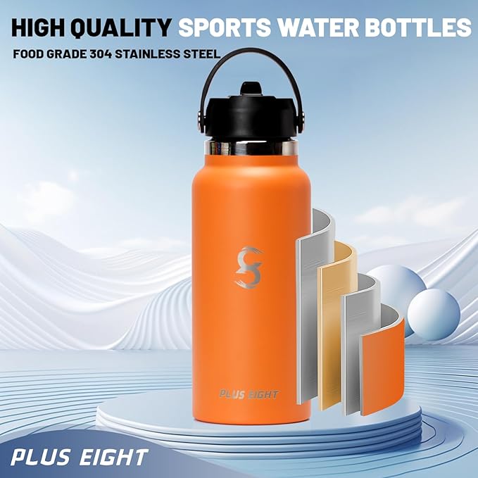 Sports Water Bottle, 32 oz Insulated Water Bottle With Straw, Stainless Steel Water Bottle Wide Mouth for Sports, Gym or Office, BPA-Free Keep Cold 24H Hot 12H (Orange)