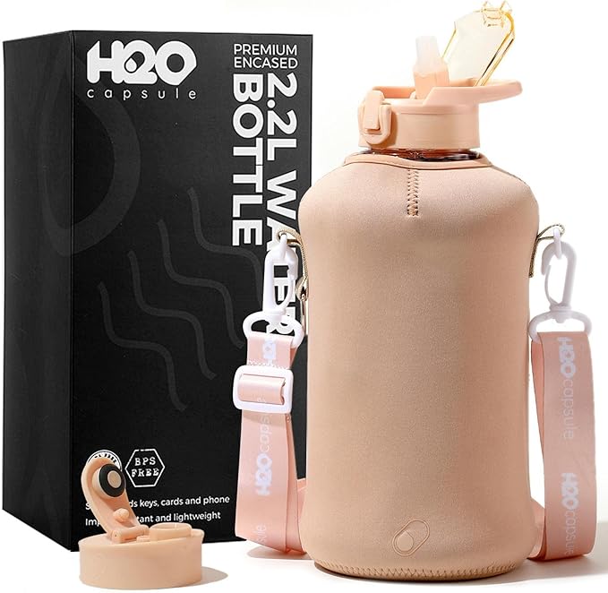 H2O Capsule 2.2L Half Gallon Water Bottle with Storage Sleeve and Covered Straw Lid – BPA Free Large Reusable Drink Container with Handle - Big Sports Jug, 2.2 Liter (74 Ounce)