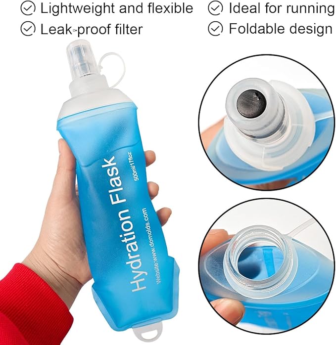 500ml Soft Flask, TPU Collapsible Soft Water Bottle for Hydration Pack, Running Vest, Folding Water Bottle for Hiking Cycling Climbing-2Pcs, Blue