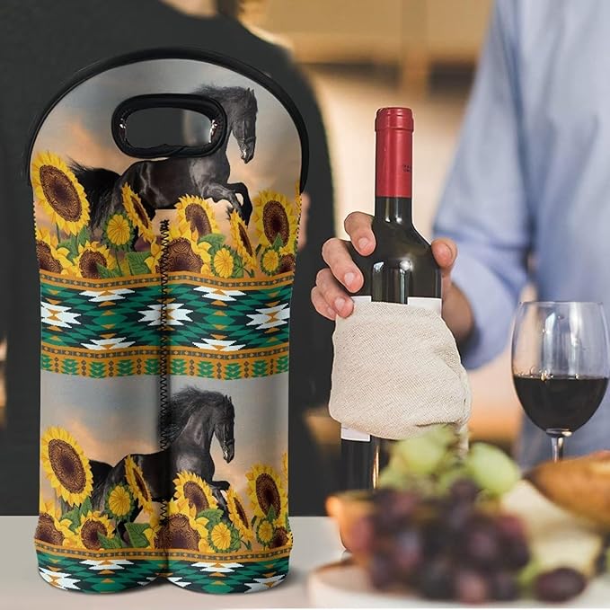 doginthehole Sunflower Horse Wine Bag Insulated Wine Tote Holders Aztec Print Wine Carriers Bag for Wine Beer Cans Water Portable Neoprene Wine Bottle Covers Protector 2 Bottle Wine Carrying Bag