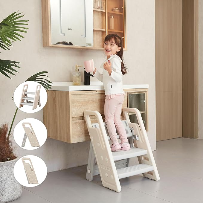 Folding Toddler Step Stool for Bathroom Sink,Adjustable 3 to 2 Step Stools for Toilet Potty Training,Sturdy Kids Step Stool for Kitchen Counter with Handle,Dark Grey