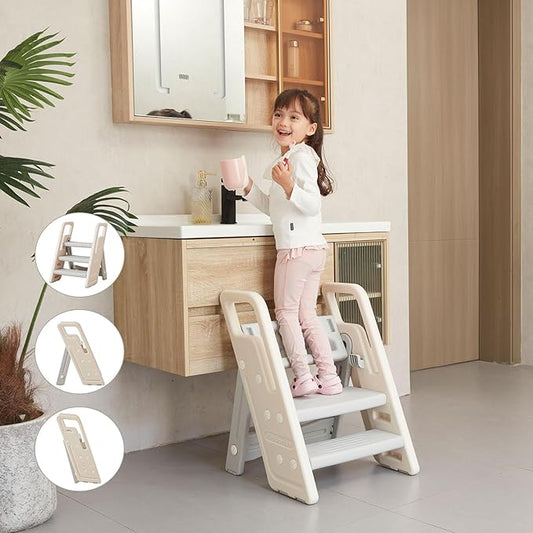 Folding Toddler Step Stool for Bathroom Sink,Adjustable 3 to 2 Step Stools for Toilet Potty Training,Sturdy Kids Step Stool for Kitchen Counter with Handle,Dark Grey