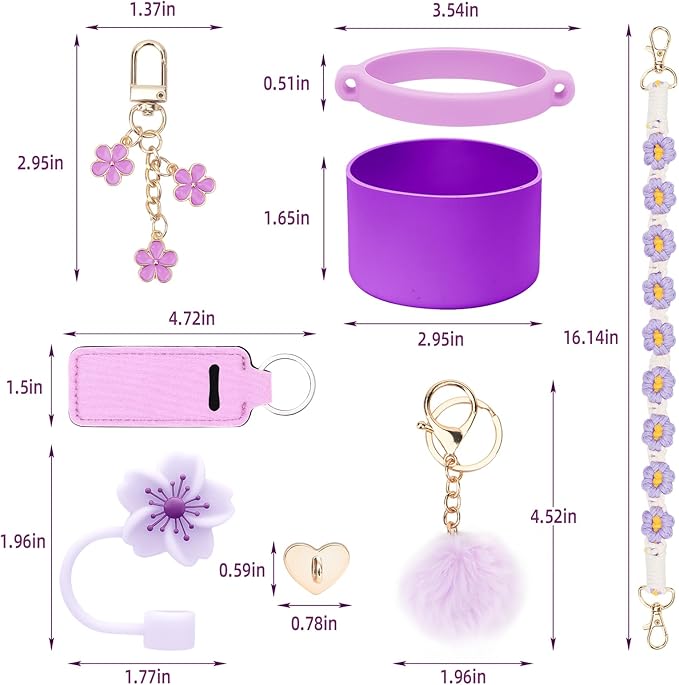 Stanley Cup Accessories Set Including 1 Pcs Water Bottle Handle Strap, 1 Pcs Siliocne Straw Cover, 1 Pcs Siliocne Stanley Cup Boot, 3 Pcs Stanley Charms for Stanley Cup 40oz & 30oz Tumbler - Purple