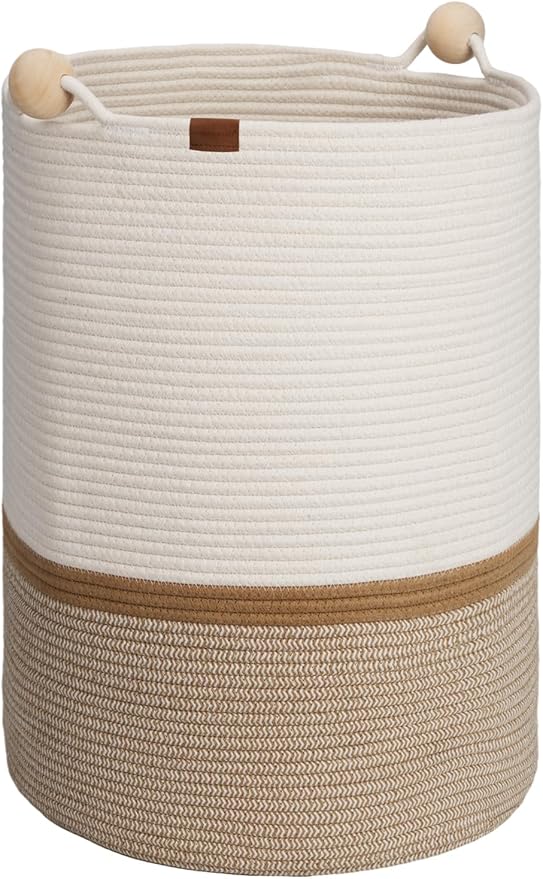 StorageWorks 72L Cotton Rope Laundry Basket with Wooden Beads Handles, Woven Basket for Storage, Dirty Clothes, Kids Toys, Towels, White & Khaki