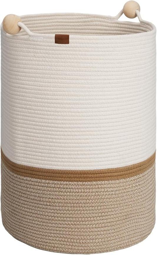 StorageWorks 72L Cotton Rope Laundry Basket with Wooden Beads Handles, Woven Basket for Storage, Dirty Clothes, Kids Toys, Towels, White & Khaki