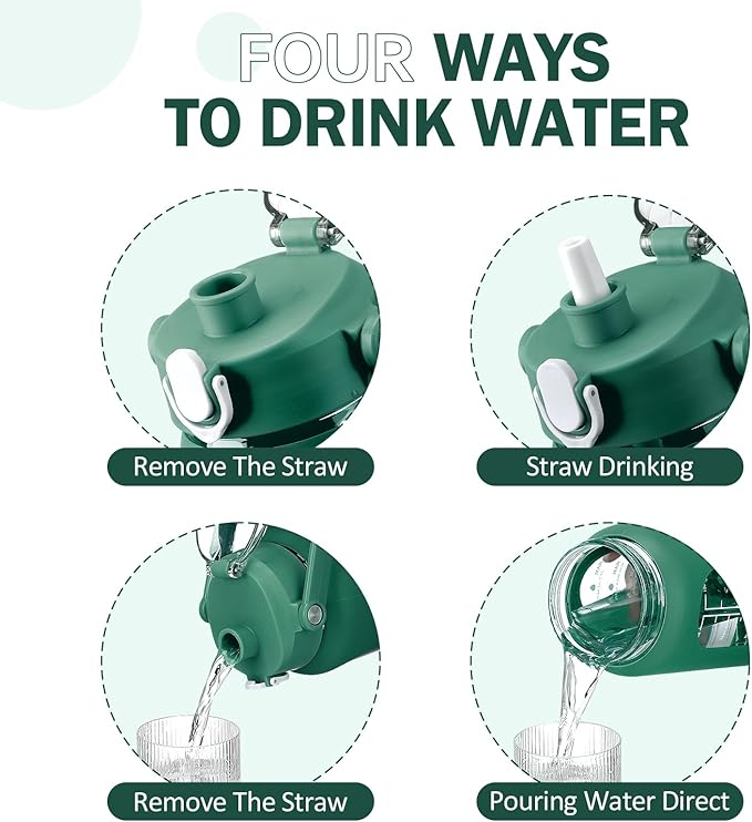 kytffu 42oz Glass Water Bottles with Straw, Motivational Glass Bottle with Silicone Sleeve and Time Marker, Leakproof Large Glass Water Jug for Gym Home Office, Ink green