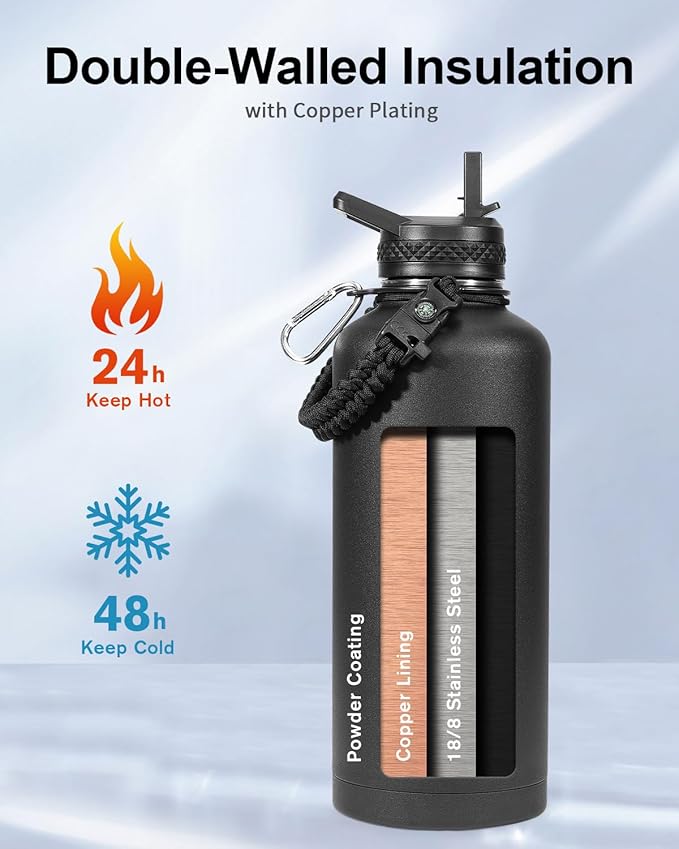 Trebo Water Bottle 87oz with Paracord Handle, Half Gallon Food-grade Double Wall Vacuum Stainless Steel Insulated Jug with Straw Spout Handle Lids, Leakproof Keep Cold & Hot,Black