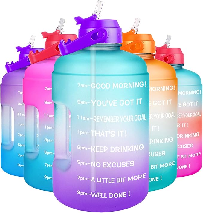 QuiFit 1 Gallon Water Bottle - with Straw & Motivational Time Marker Leak-Proof BPA Free Reusable Gym Sports Outdoor Large(128OZ) Capacity Water Jug(Green/Purple Gradient,1 Gallon)