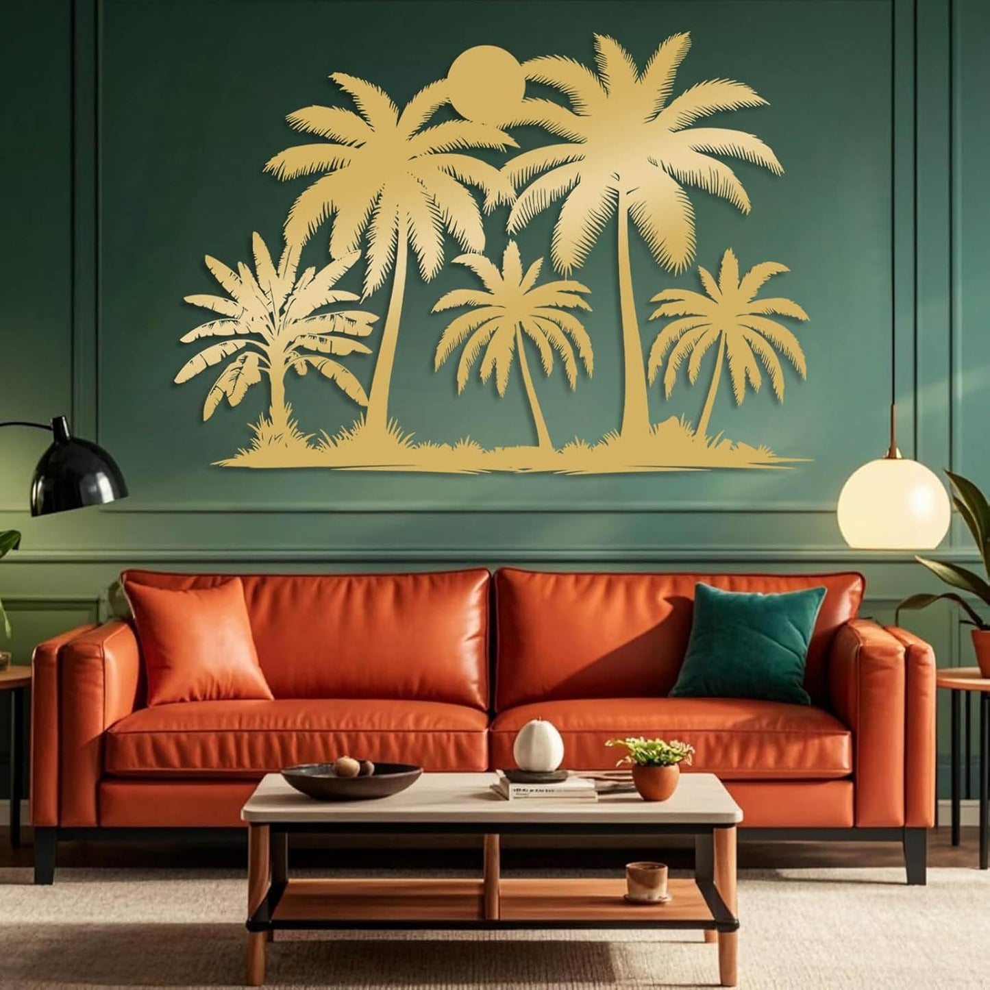 Tuglona Metal Palm Tree with Sunset Wall Decor, Tropical Palm Tree Metal Wall Art, Tropical Wall Decor, Sun Wall Art, Beach Wall Decoration, Coastal Trees Wall Hanging (Gold, 41"x29"/105x73cm)