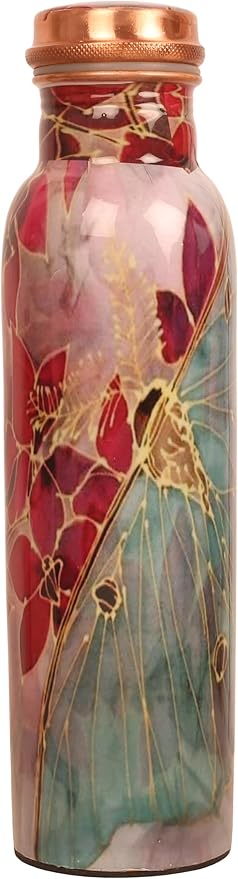 Pure Copper Water Bottle - Handcrafted - Ayurveda Health Benefits - Large 35 oz - Leak proof - Easy to carry for Sports, Fitness, Yoga, School - Textured Red Floral Patterns