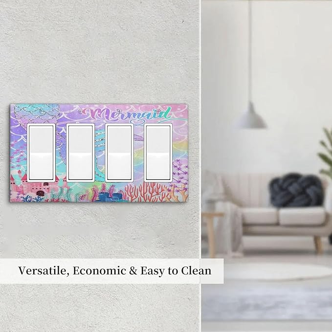 Silvery Glitter Cute Mermaid Tail Fantasy Castle 4 Gang Rocker Decora Light Switch Cover Outlet Covers Wall Plate Decorative Switchplate Electrical Faceplate GFCI for Kidroom Nursery Bedroom Decor