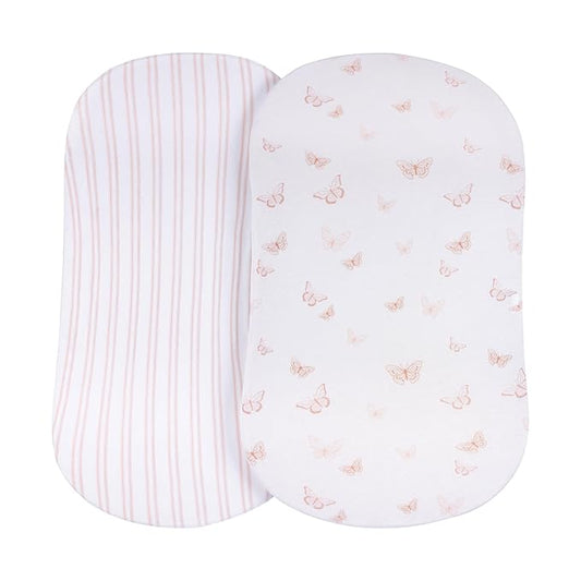 Ely's & Co. Fitted Bassinet Sheet 100% Jersey Cotton 2 Pack for Baby Girl - Pink Butterflies + Stripes