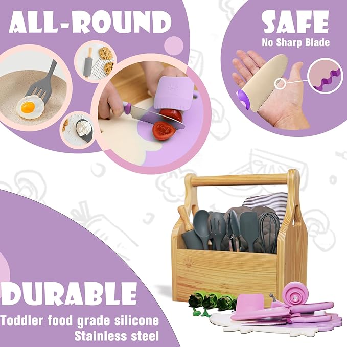 Kids Cooking and Baking Sets Real 23PCS, Toddler Chef Knife Set with Cutting Board and Peeler, BPA-free, Food Grade Child Safe Kitchen Tool for Meal Prep (Purple)