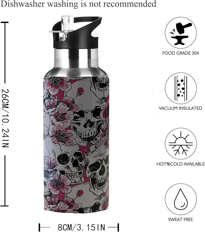Floral Skull Sport Water Bottle with Straw, Vacuum Insulated Stainless Steel Thermal Drinking Travel Mug Cups For Gym Fitness Camping-17oz/500ml, Pink
