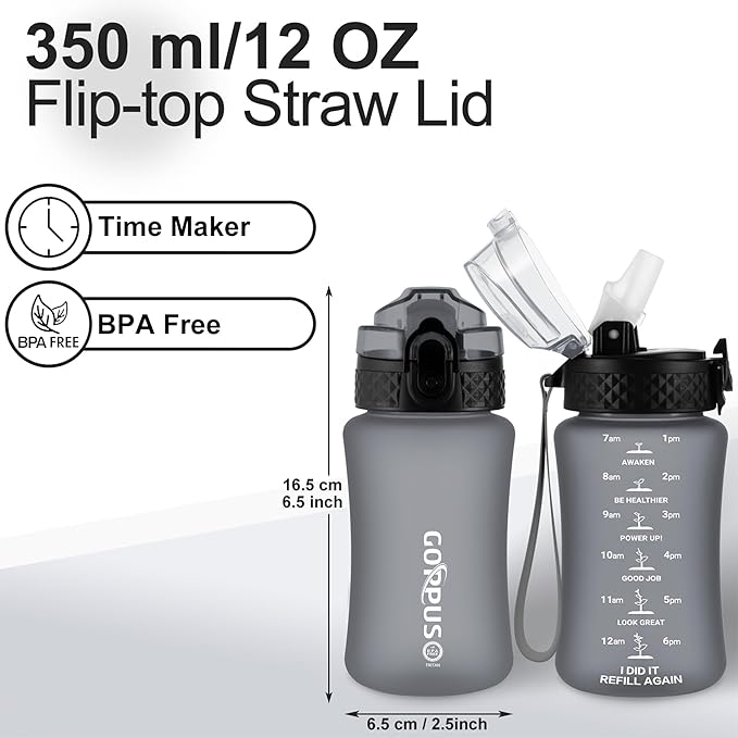 GOPPUS Kids Water Bottle with Straw Spout Lid 10pcs Stickers 12 oz Leak-proof BPA Free Motivational Time Marker Tritan Plastic Water Bottles for Girls Boys School Sports