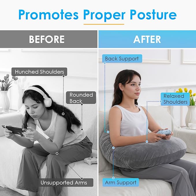 QUEEN ROSE Reading Pillow, Gaming Pillow for Lap, Sitting in Bed or Sofa, Extra Arm Rest for Reading, Playing or Crocheting, Soft Velvet Grey